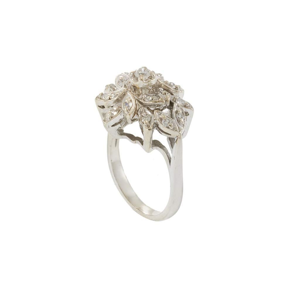 Round Cut Vintage Retro Era 14KT White Gold Diamond Flower Cluster Ring For Sale