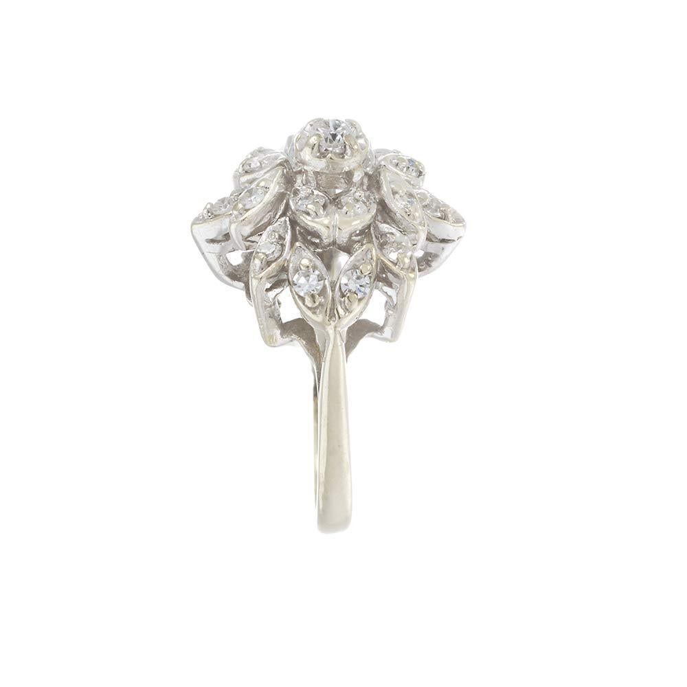 Women's Vintage Retro Era 14KT White Gold Diamond Flower Cluster Ring For Sale