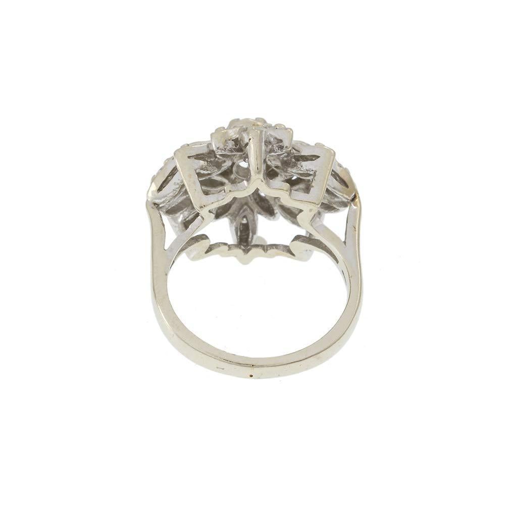 Vintage Retro Era 14KT White Gold Diamond Flower Cluster Ring For Sale 1