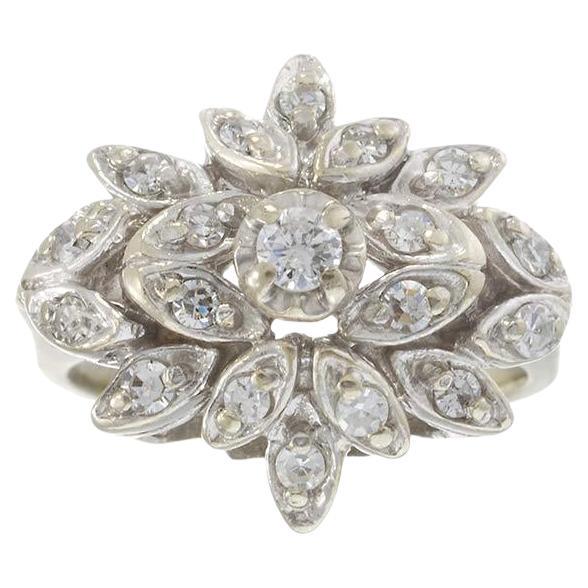 Vintage Retro Era 14KT White Gold Diamond Flower Cluster Ring For Sale