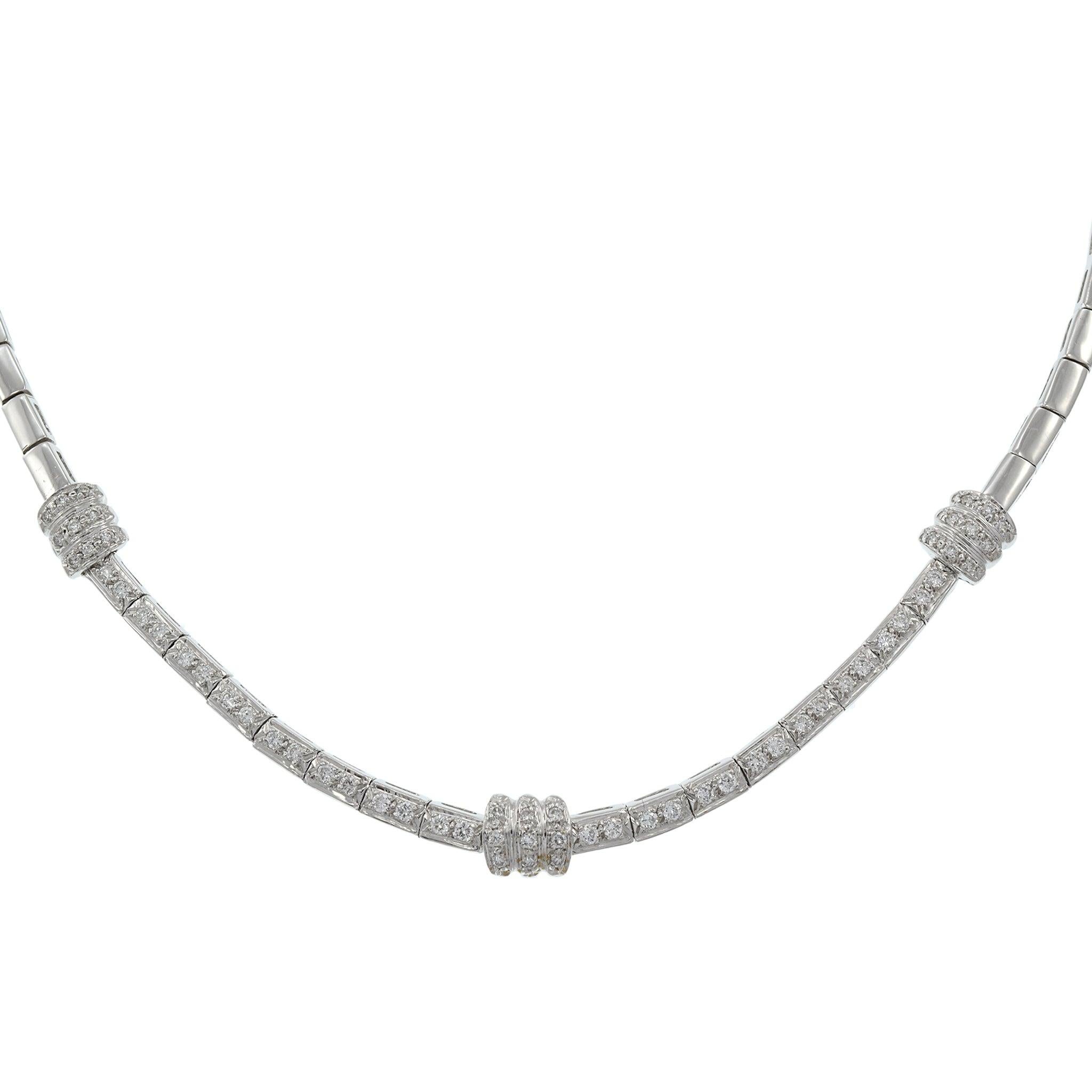 Vintage Retro Era 14KT White Gold Round Cut Diamond Link Necklace In Excellent Condition For Sale In New York, NY
