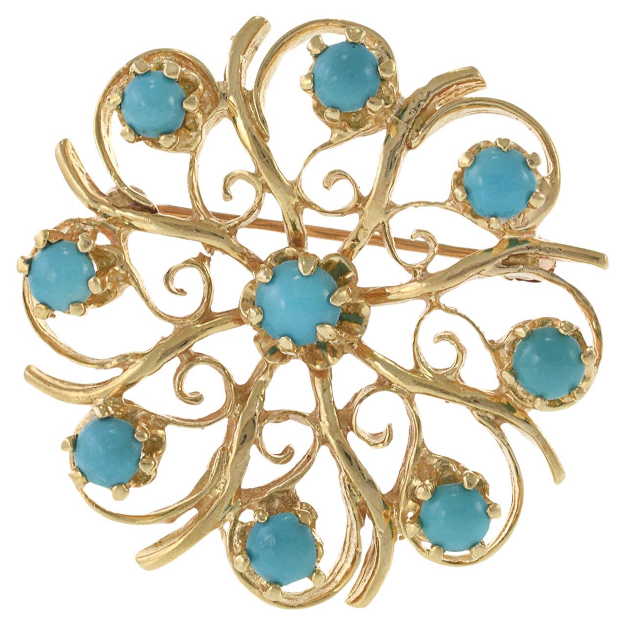 Vintage Retro Era 14KT Yellow Gold and Turquoise Floral Pin