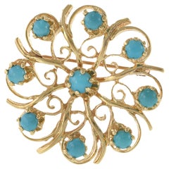 Vintage Retro Era 14KT Yellow Gold and Turquoise Floral Pin