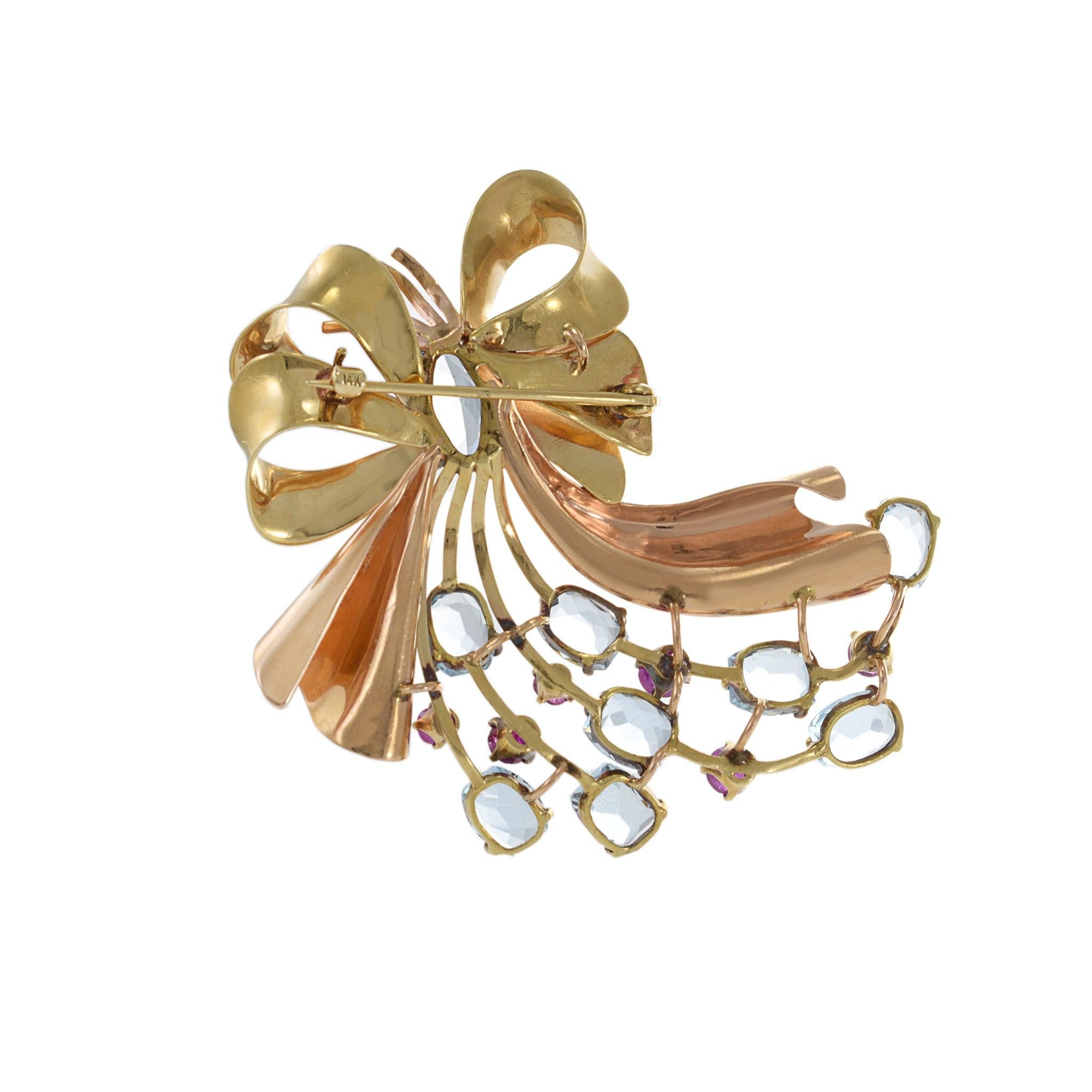 Women's Vintage Retro Era 14KT Yellow Gold Aquamarine And Ruby Ribbon Pin For Sale