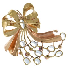 Vintage Retro Era 14KT Yellow Gold Aquamarine And Ruby Ribbon Pin