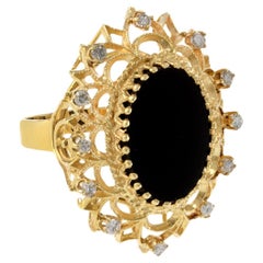 Vintage Retro Era 14KT Yellow Gold Black Onyx and Diamond Cocktail Ring