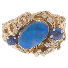 Used Retro Era 14KT Yellow Gold Black Opal, Sapphire, and Diamond Ring
