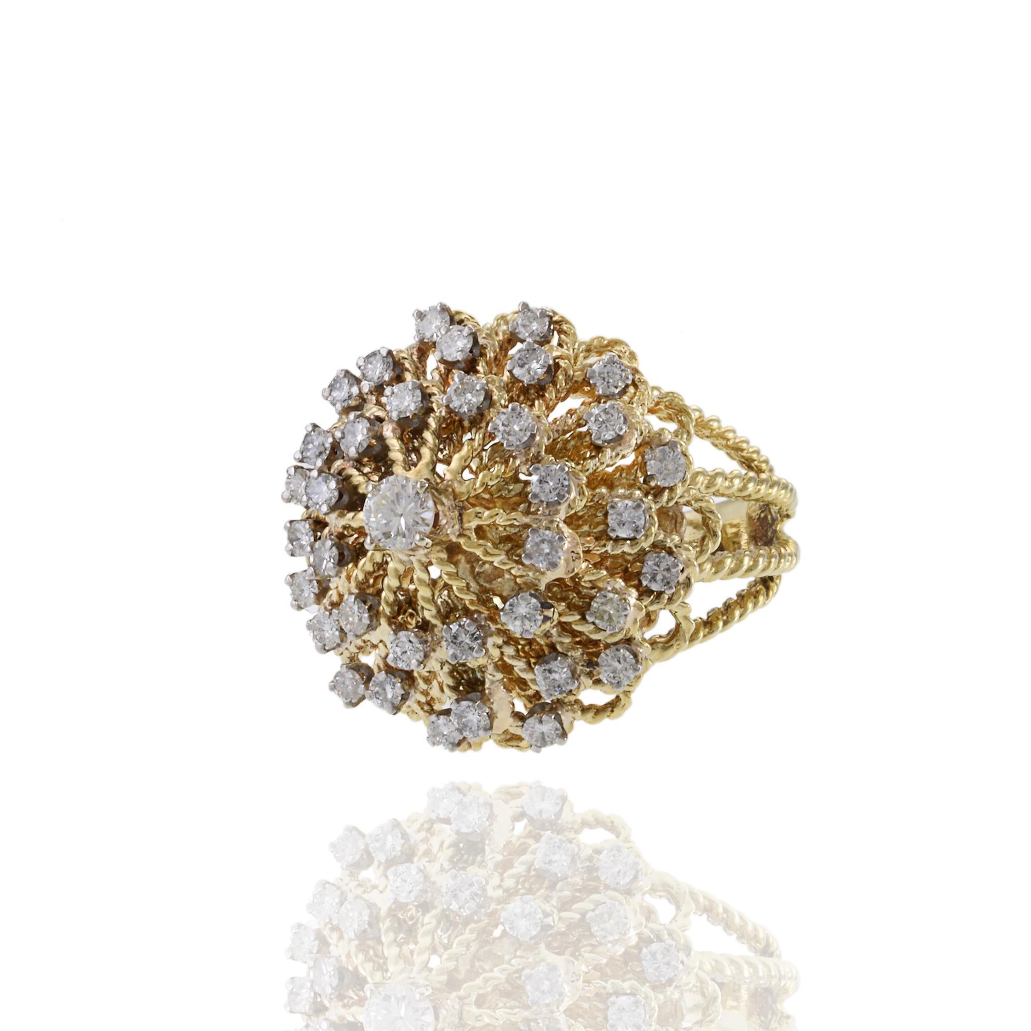 Rétro Vintage Retro Era 14KT Yellow Gold Braided Dome Diamond Cocktail Ring en vente