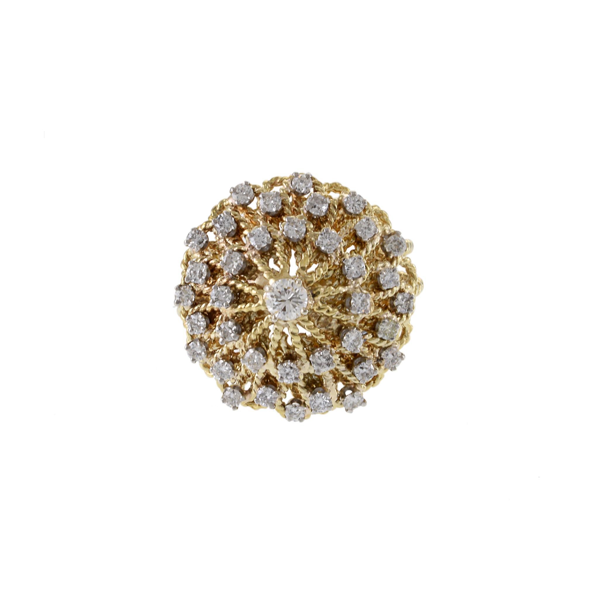 Taille ronde Vintage Retro Era 14KT Yellow Gold Braided Dome Diamond Cocktail Ring en vente