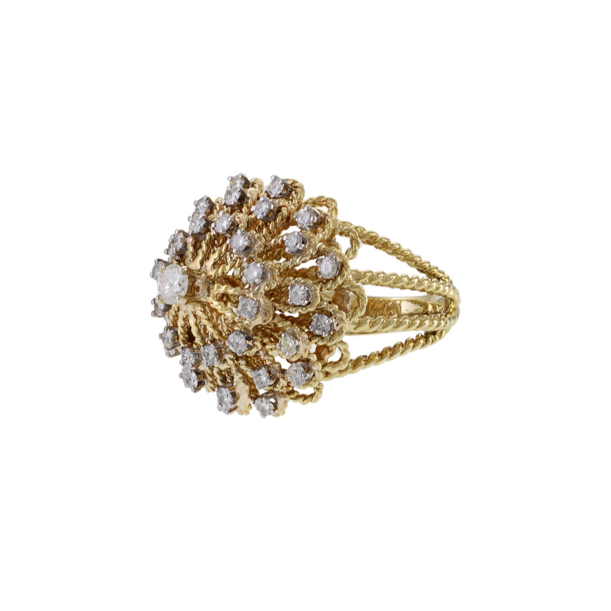 Vintage Retro Era 14KT Yellow Gold Braided Dome Diamond Cocktail Ring Excellent état - En vente à New York, NY