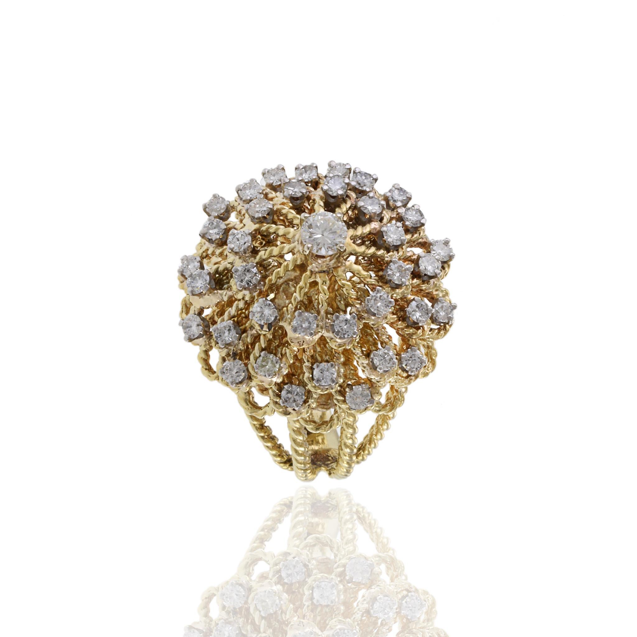 Vintage Retro Era 14KT Yellow Gold Braided Dome Diamond Cocktail Ring en vente 1