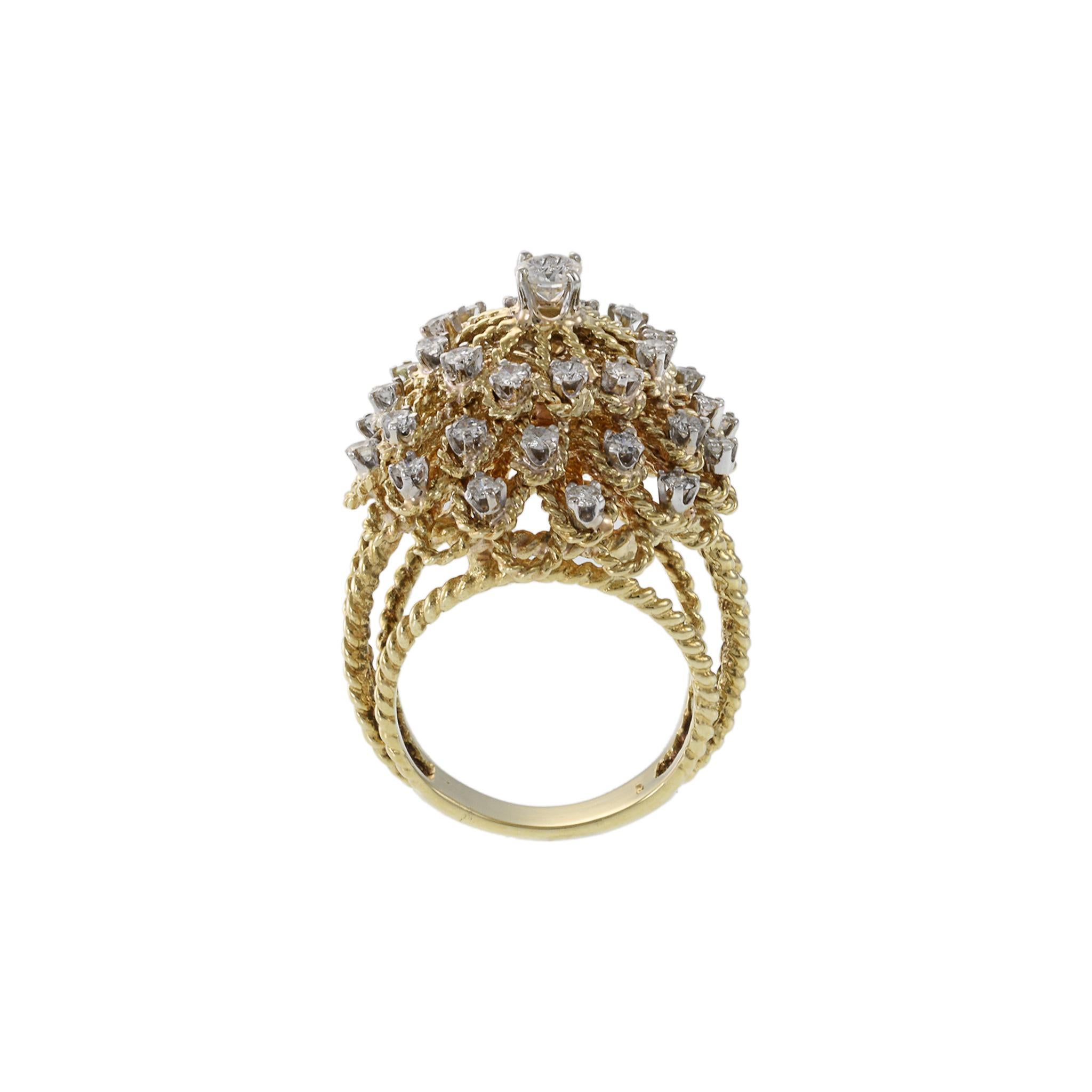 Vintage Retro Era 14KT Yellow Gold Braided Dome Diamond Cocktail Ring en vente 3