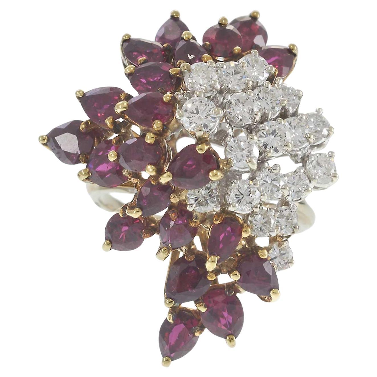 Vintage Retro Era 14KT Yellow Gold Ruby and Diamond Cluster Ring