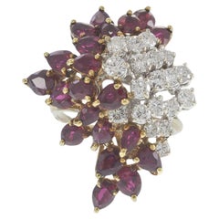 Vintage Retro Era 14KT Yellow Gold Ruby and Diamond Cluster Ring