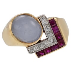 Anello Vintage Retrò d'epoca in oro giallo 14KT con zaffiro e diamanti Chevron