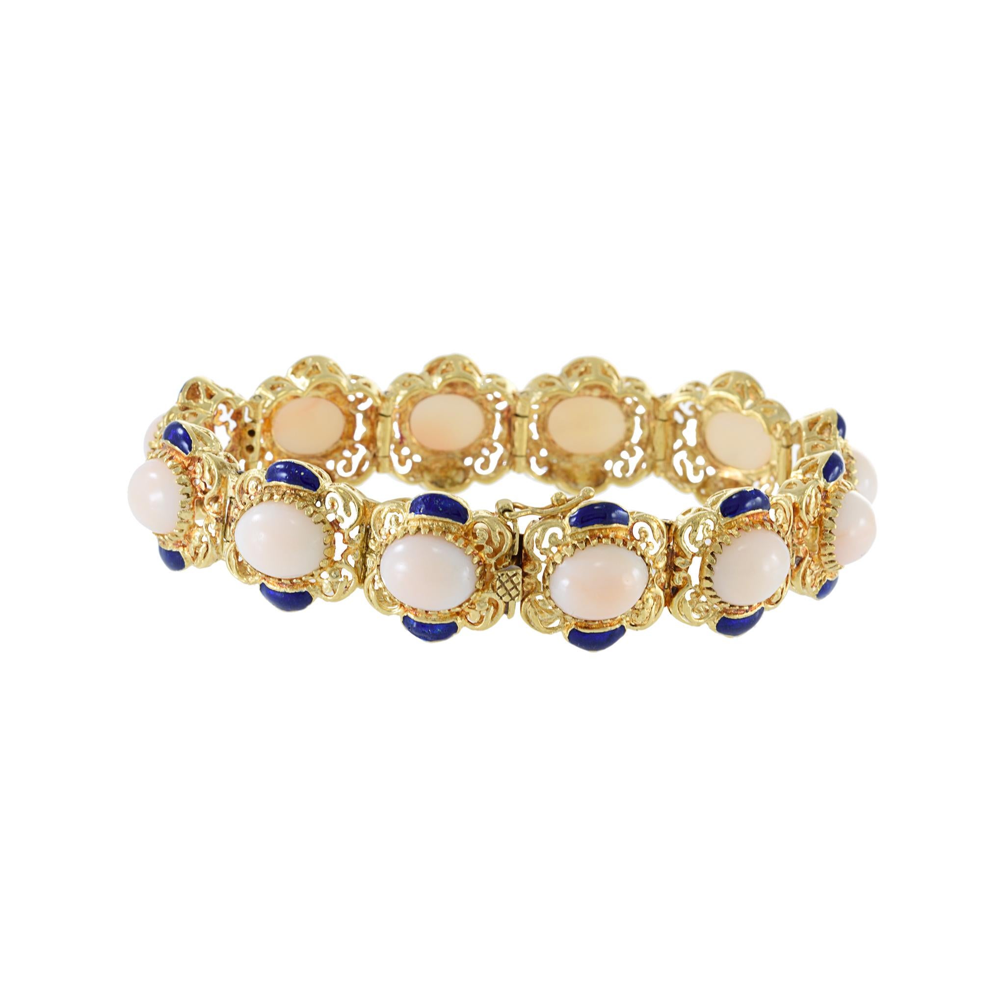 Vintage Retro Era 18KT Gelbgold Engel Haut Koralle und blaue Emaille Link Armband Damen