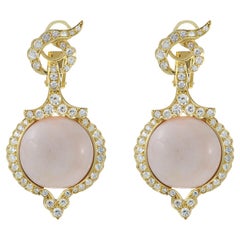 Vintage Retro Era 18KT Yellow Gold Angel Skin Coral And Diamond Drop Earrings