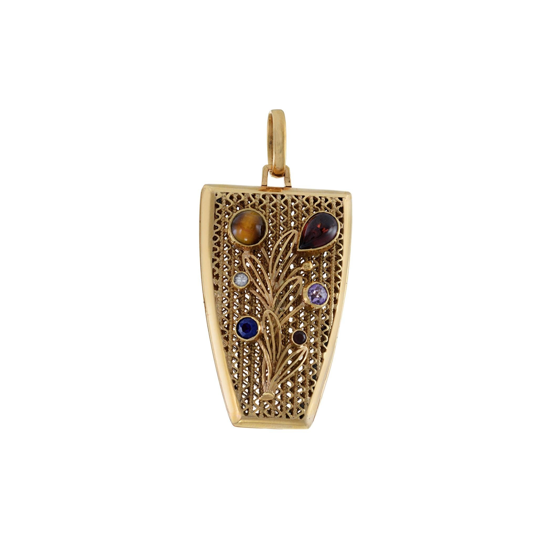 Women's Vintage Retro Era 18KT Yellow Gold Assorted Gemstones Photo Locket Floral Pendan For Sale