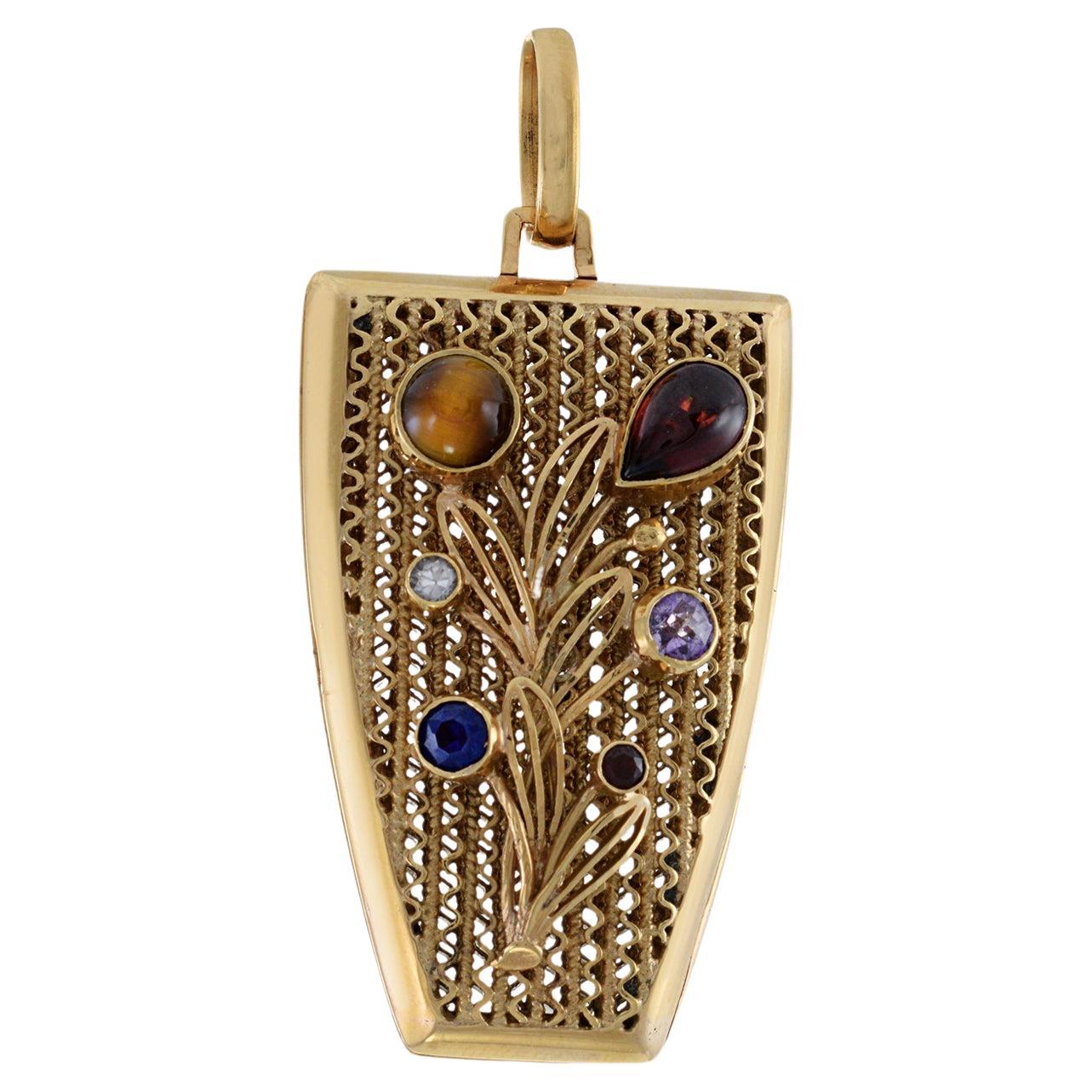 Vintage Retro Era 18KT Yellow Gold Assorted Gemstones Photo Locket Floral Pendan For Sale