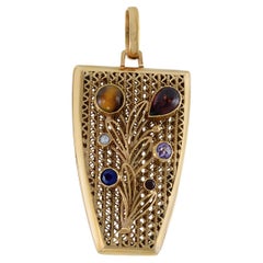 Vintage Retro Era 18KT Yellow Gold Assorted Gemstones Photo Locket Floral Pendan