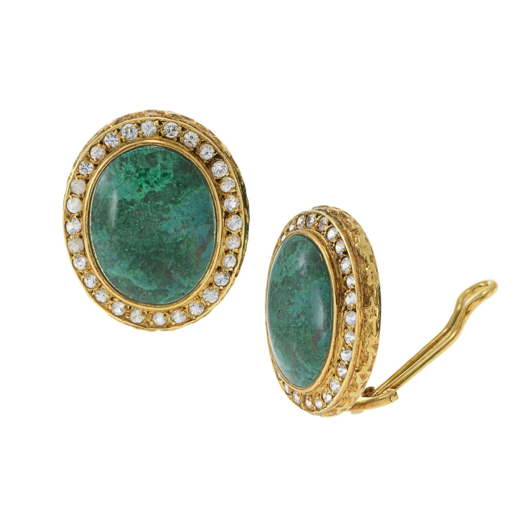 Cabochon Vintage Retro Era 18KT Yellow Gold Azure Malachite & White Sapphire Earrings For Sale
