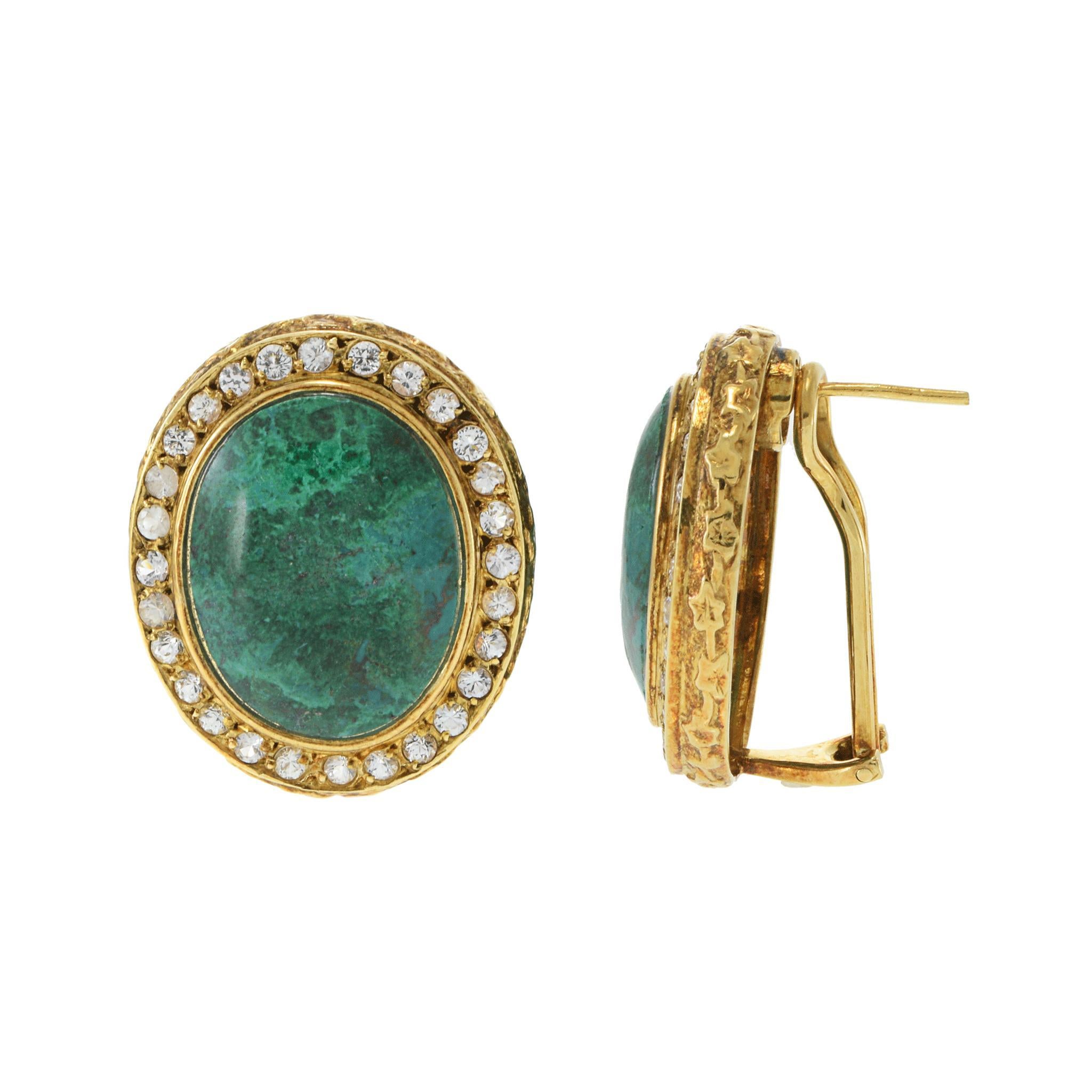 Vintage Retro Era 18KT Yellow Gold Azure Malachite & White Sapphire Earrings In Good Condition For Sale In New York, NY