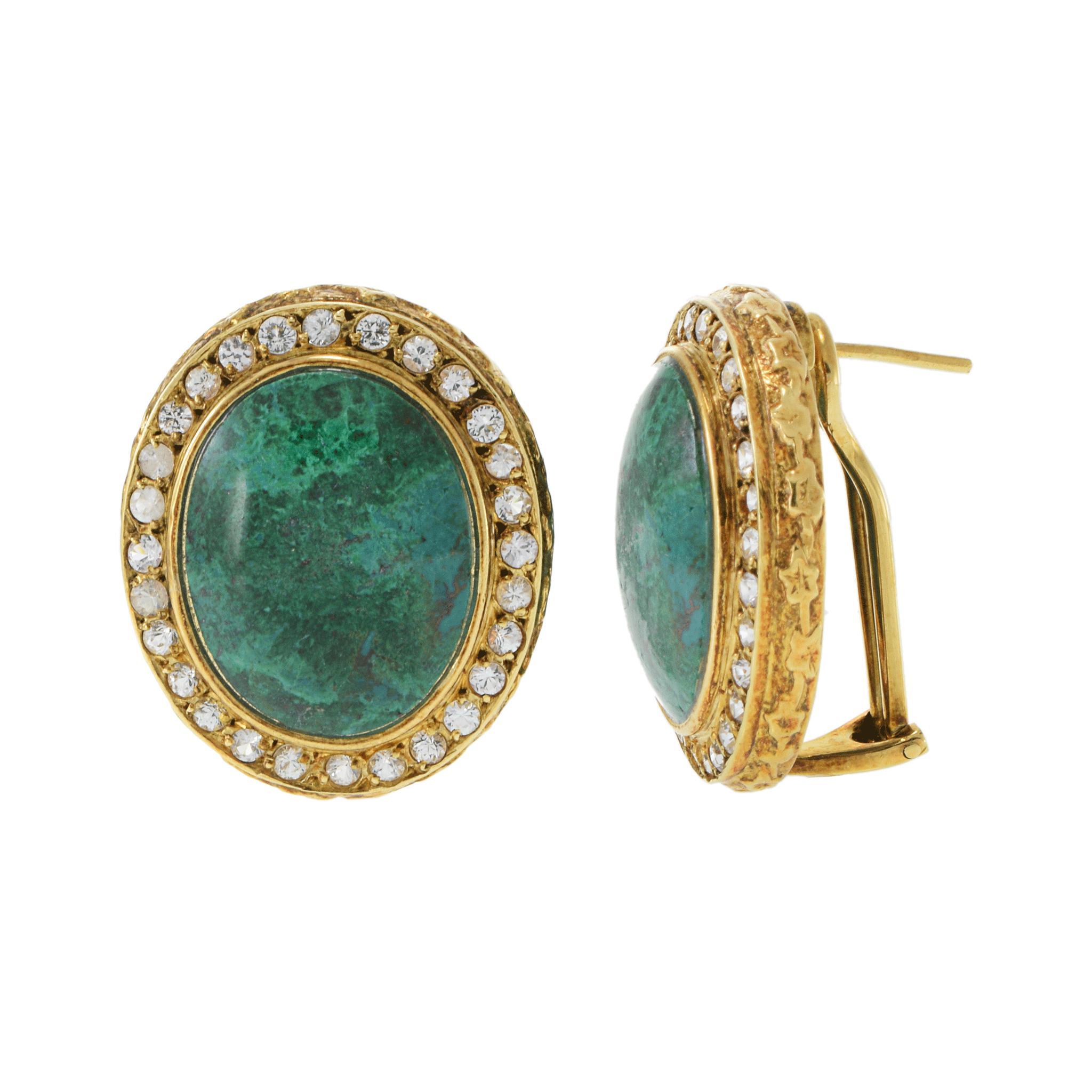 Women's Vintage Retro Era 18KT Yellow Gold Azure Malachite & White Sapphire Earrings For Sale