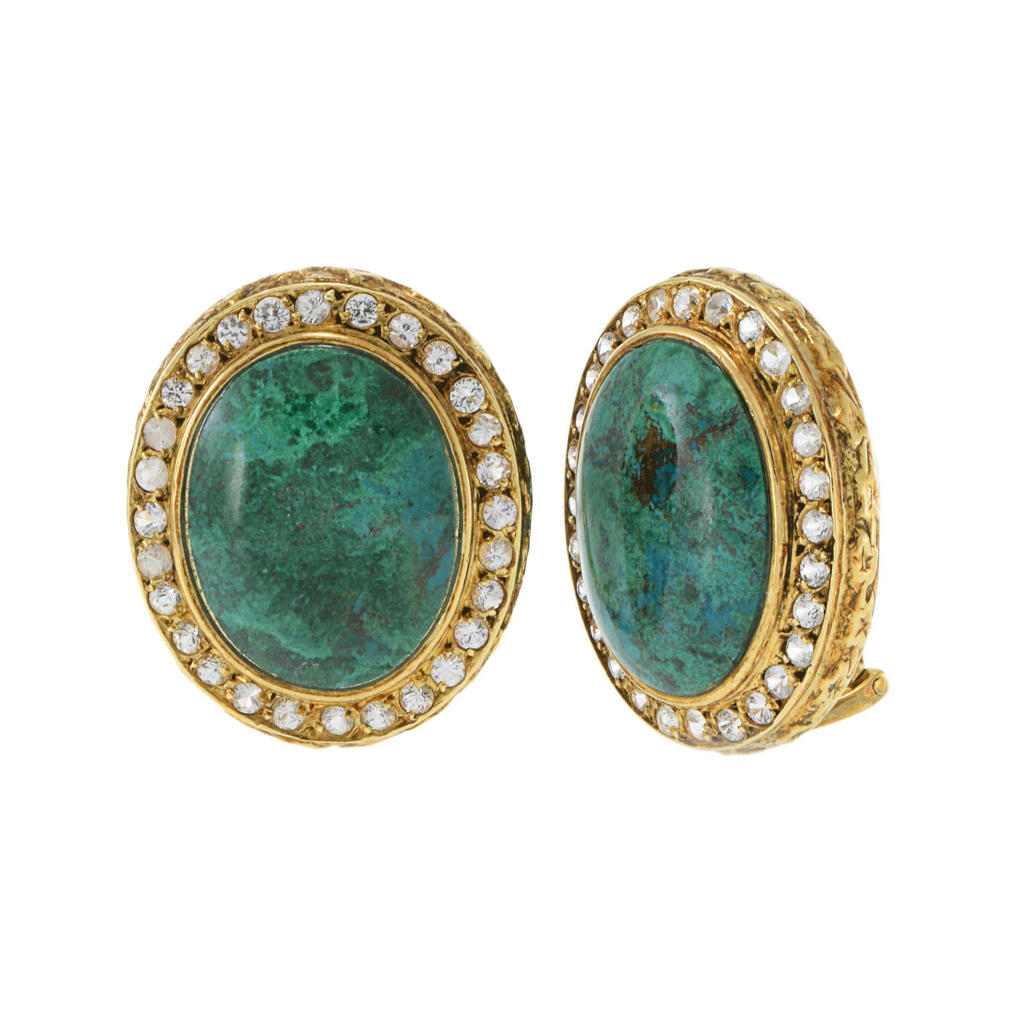 Vintage Retro Era 18KT Yellow Gold Azure Malachite & White Sapphire Earrings For Sale 1