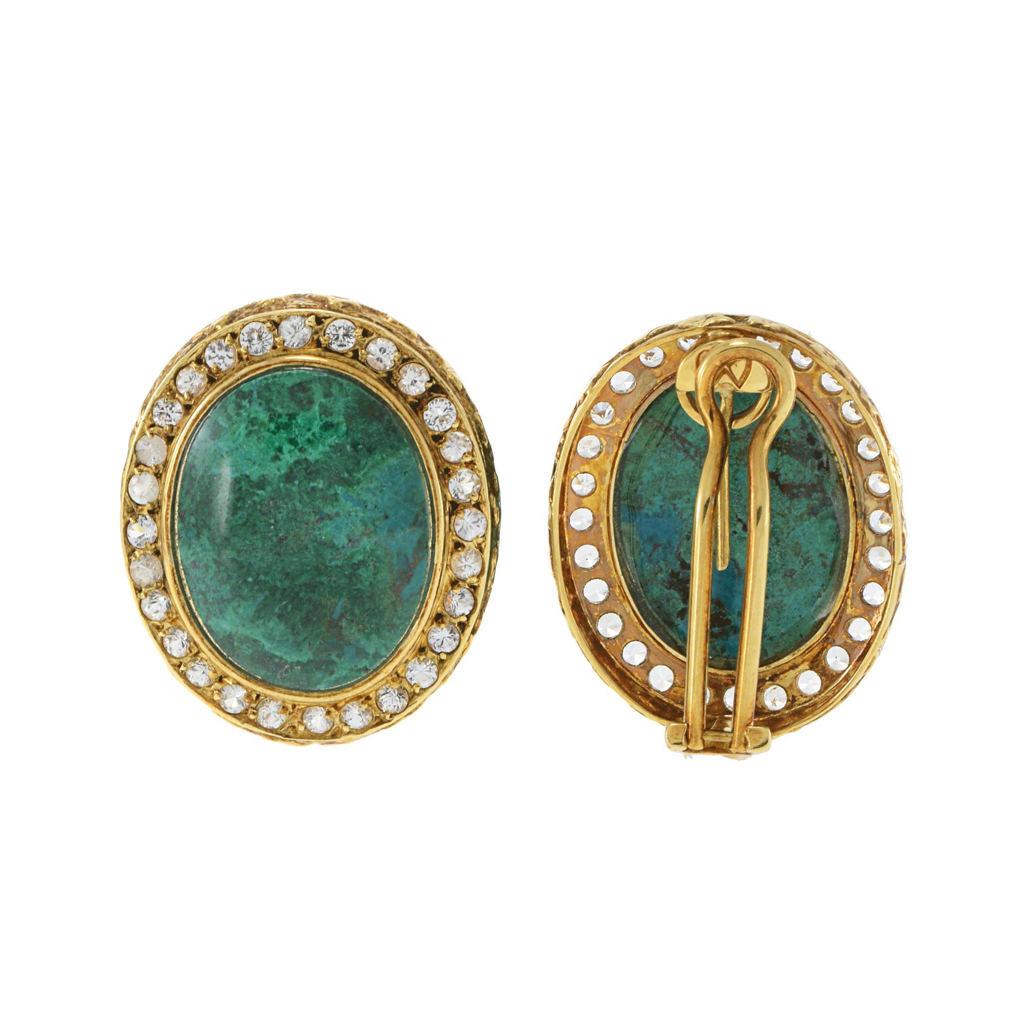 Vintage Retro Era 18KT Yellow Gold Azure Malachite & White Sapphire Earrings For Sale 2