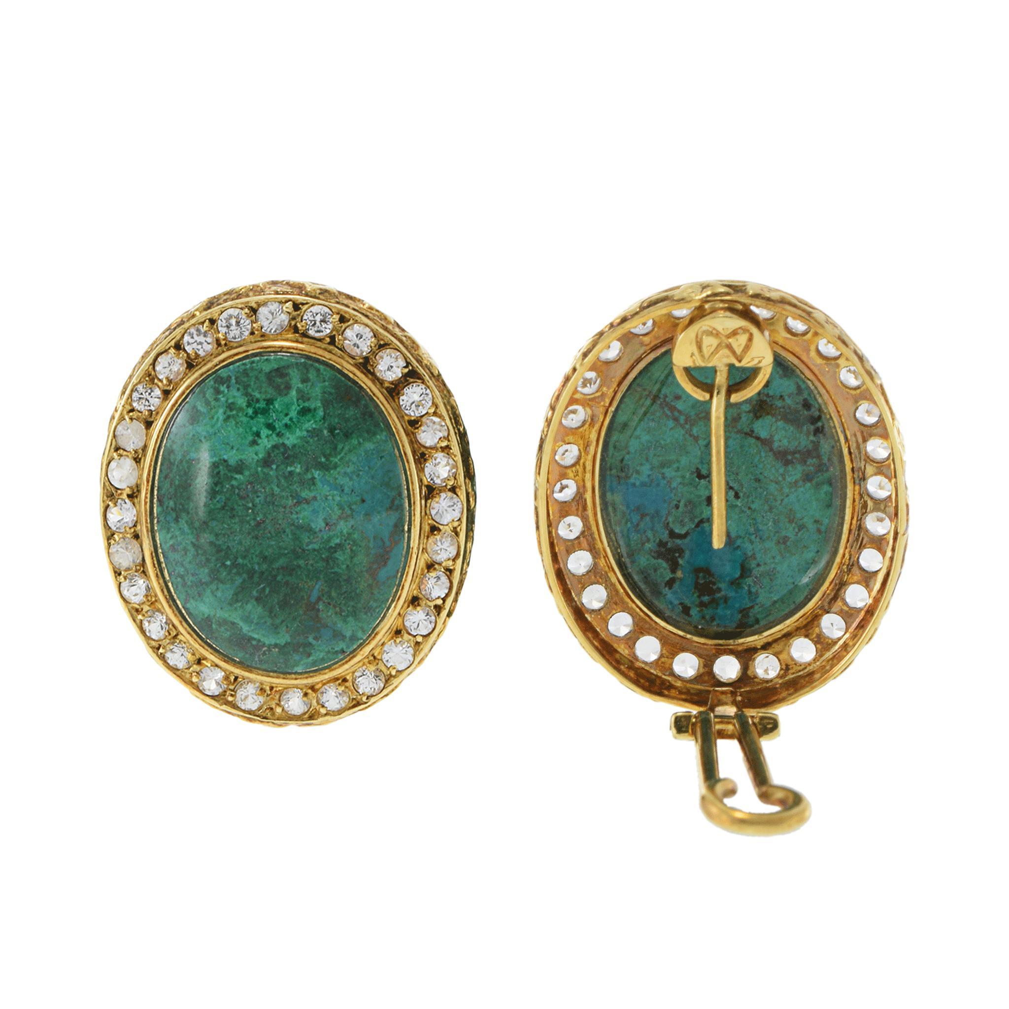 Vintage Retro Era 18KT Yellow Gold Azure Malachite & White Sapphire Earrings For Sale 3