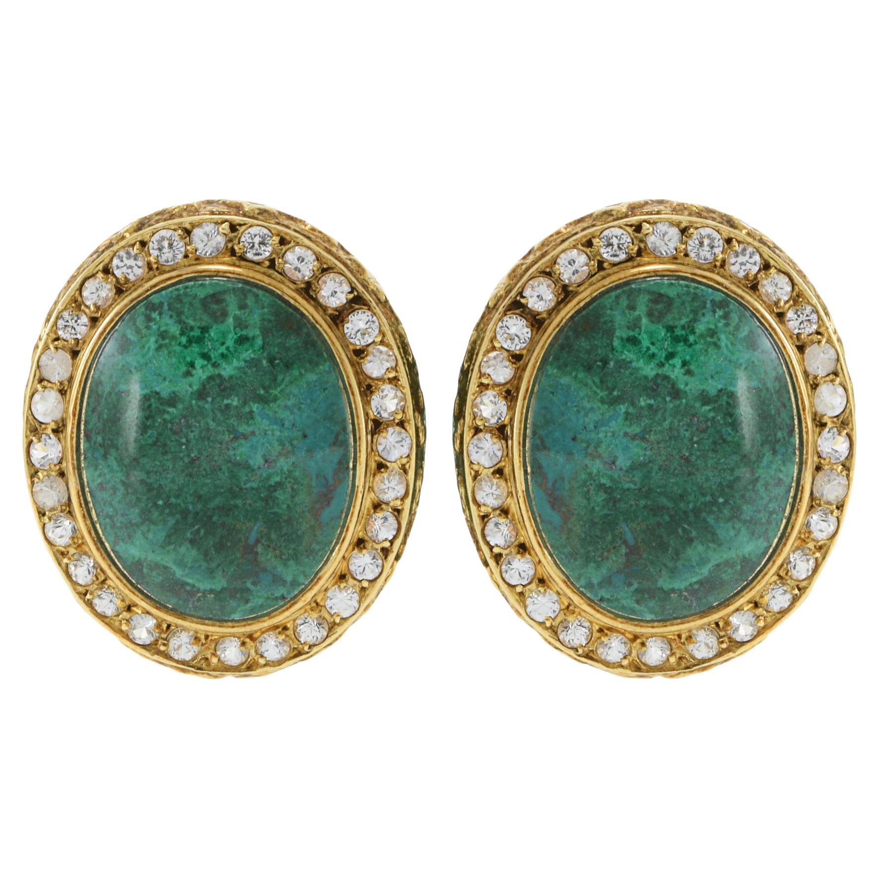 Vintage Retro Era 18KT Yellow Gold Azure Malachite & White Sapphire Earrings For Sale