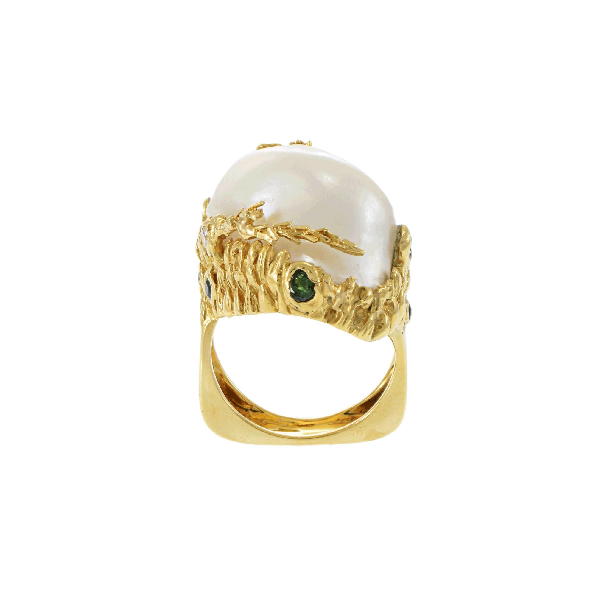 Anillo Perla Barroca Oro Amarillo 18KT Época Retro Vintage Corte redondo en venta