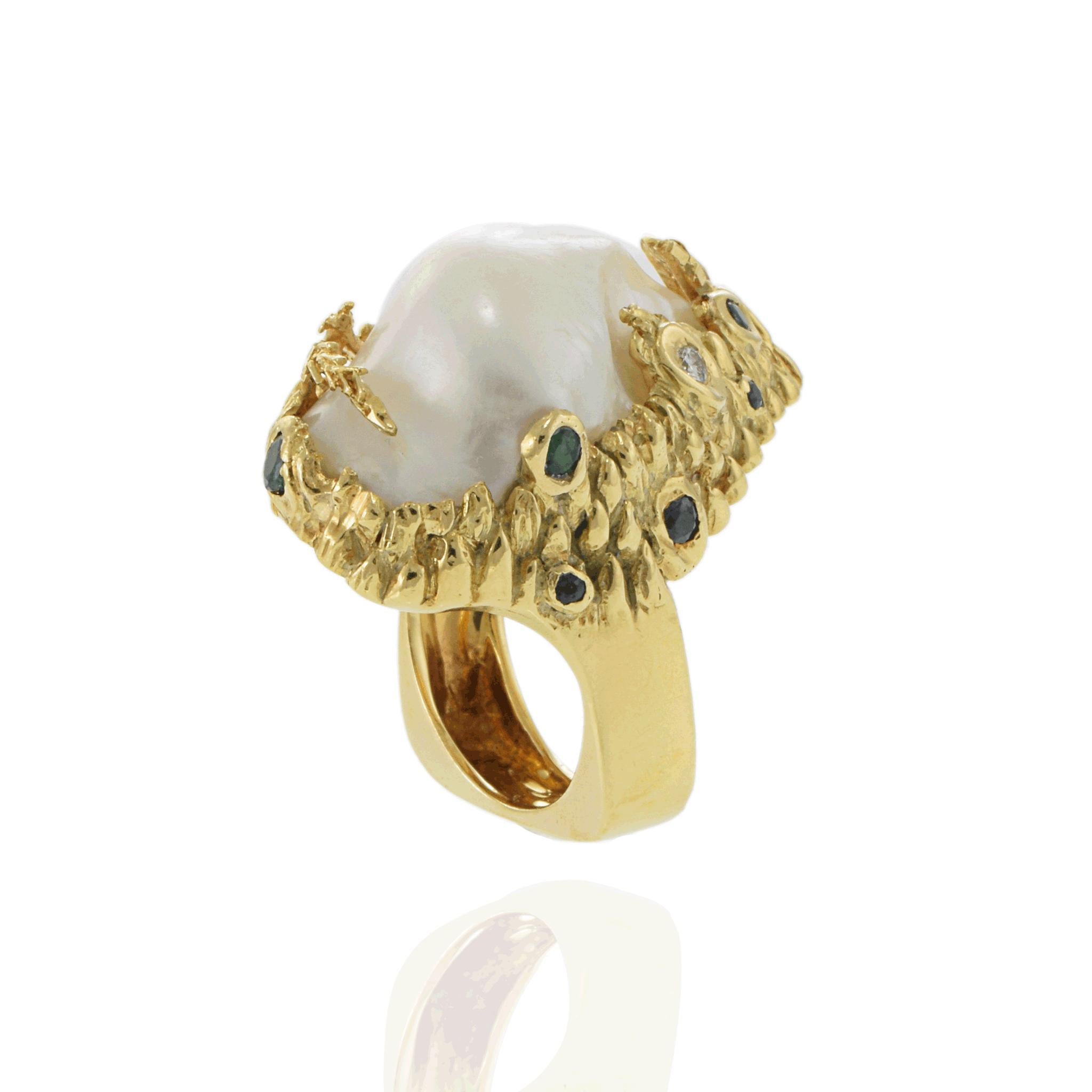 Anillo Perla Barroca Oro Amarillo 18KT Época Retro Vintage en Bueno estado para la venta en New York, NY