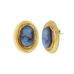 Vintage Retro Era 18KT Yellow Gold Blue Agate Portrait Earrings