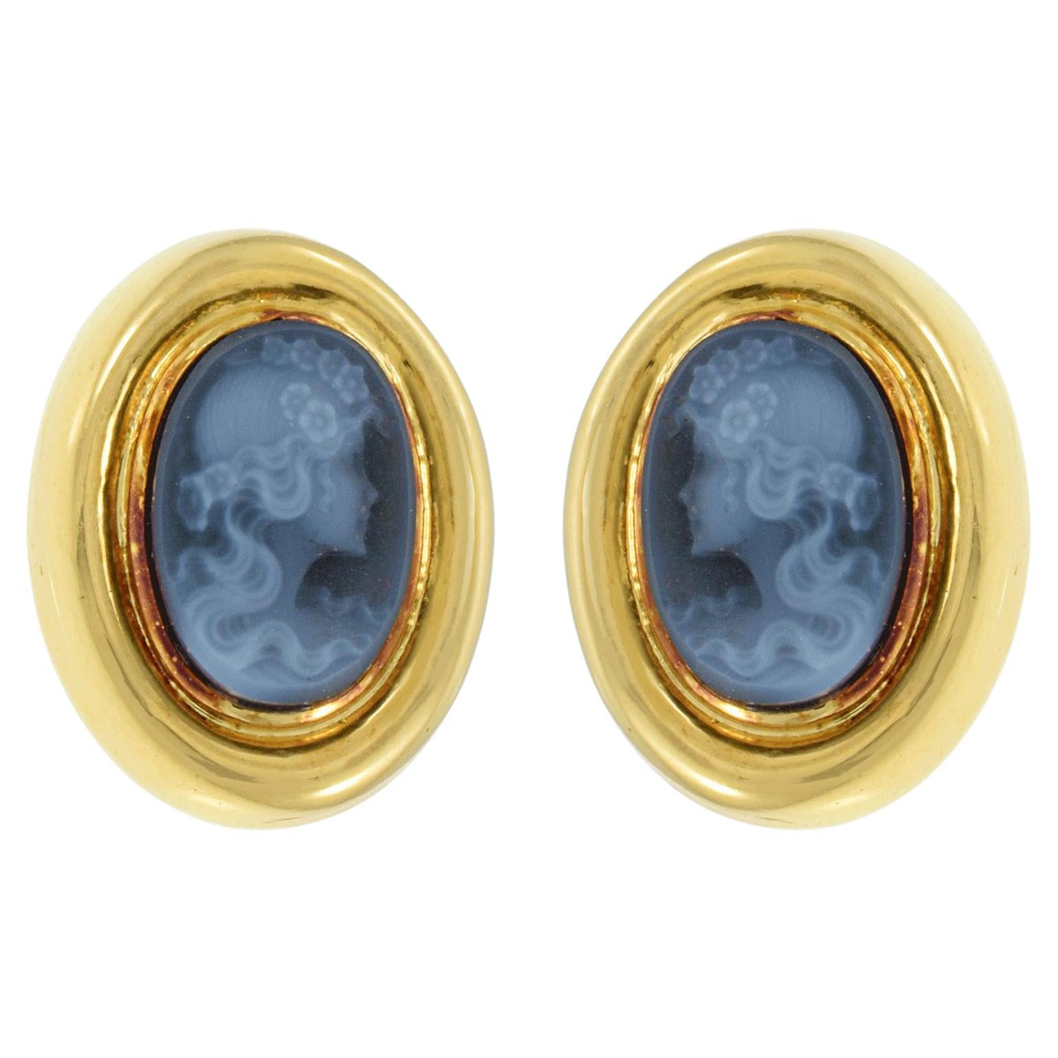 Vintage Retro Era 18KT Yellow Gold Blue Agate Portrait Earrings