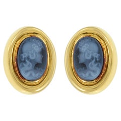 Pendientes Retrato Ágata Azul Oro Amarillo 18KT Época Retro Vintage