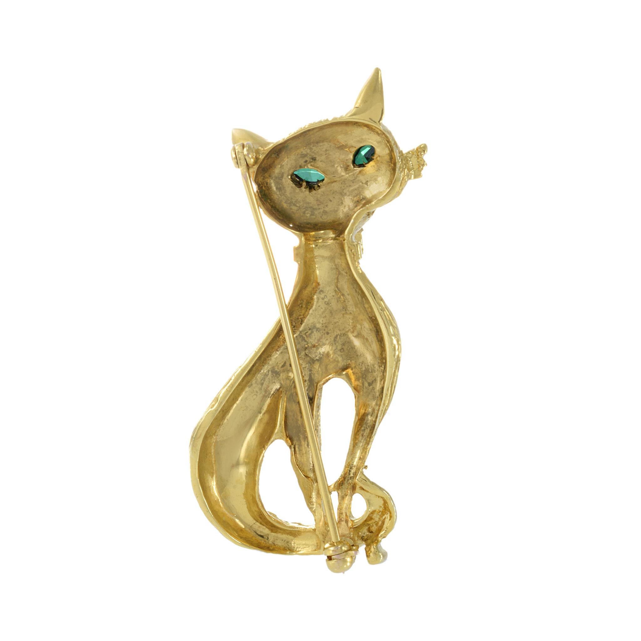 Taille ronde Broche chat vintage d'époque rétro en or jaune 18 carats