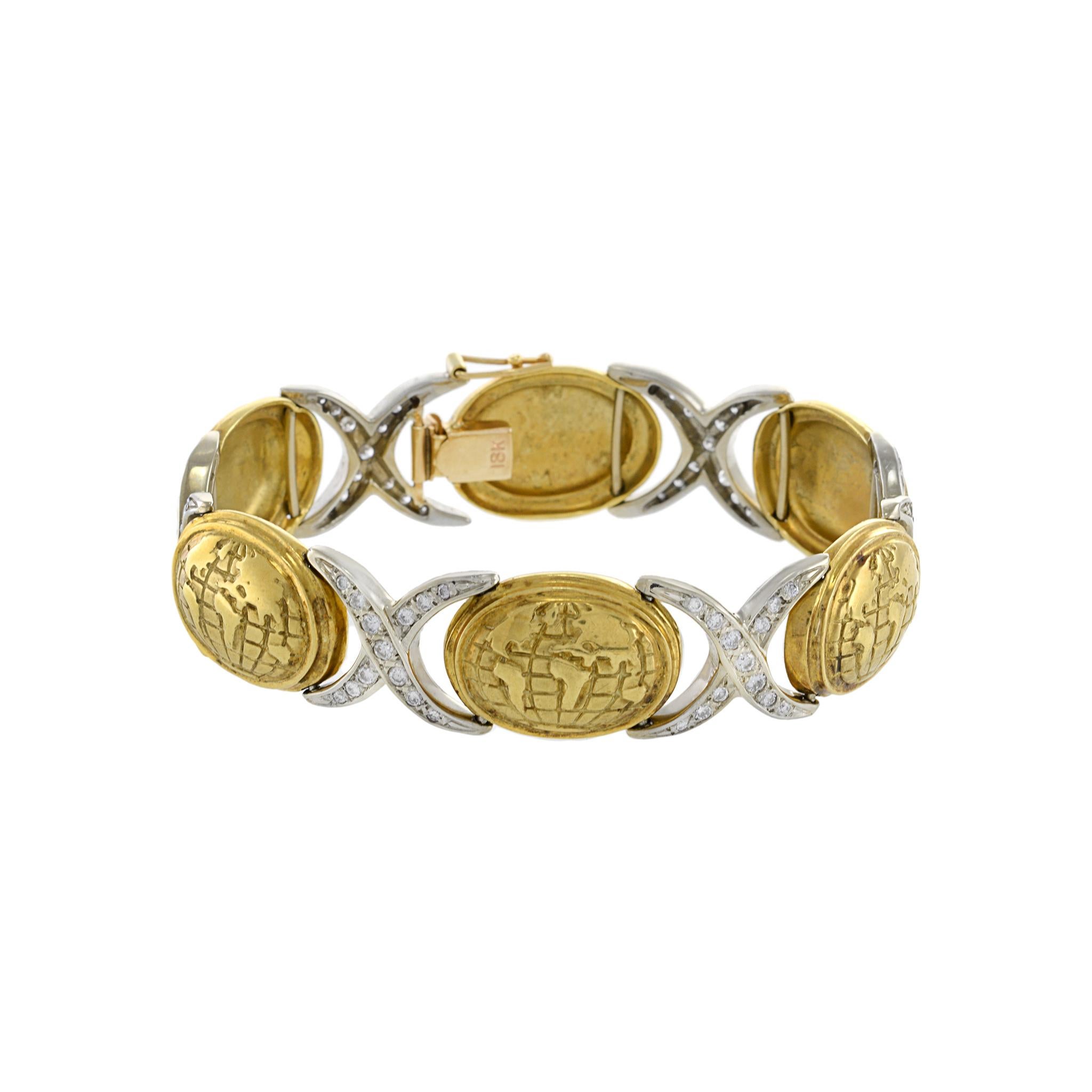 Indulge in the timeless elegance of retro era craftsmanship with this vintage 18KT yellow gold globe and diamond bracelet. Adorned with a dazzling 1CT-TW of diamonds, this bracelet is a true showcase of exquisite design and quality. Let the