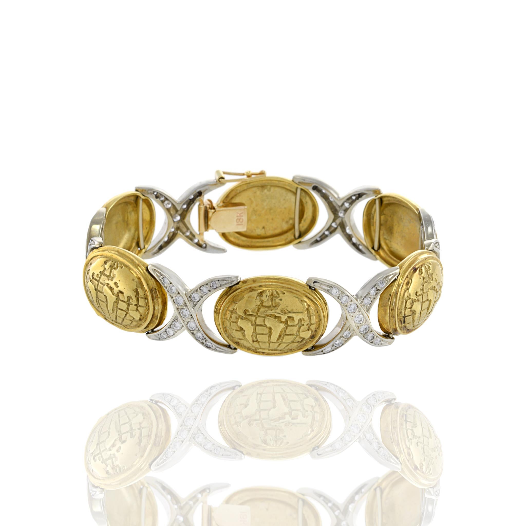 Round Cut Vintage Retro Era 18KT Yellow Gold Globe And Diamond Bracelet For Sale