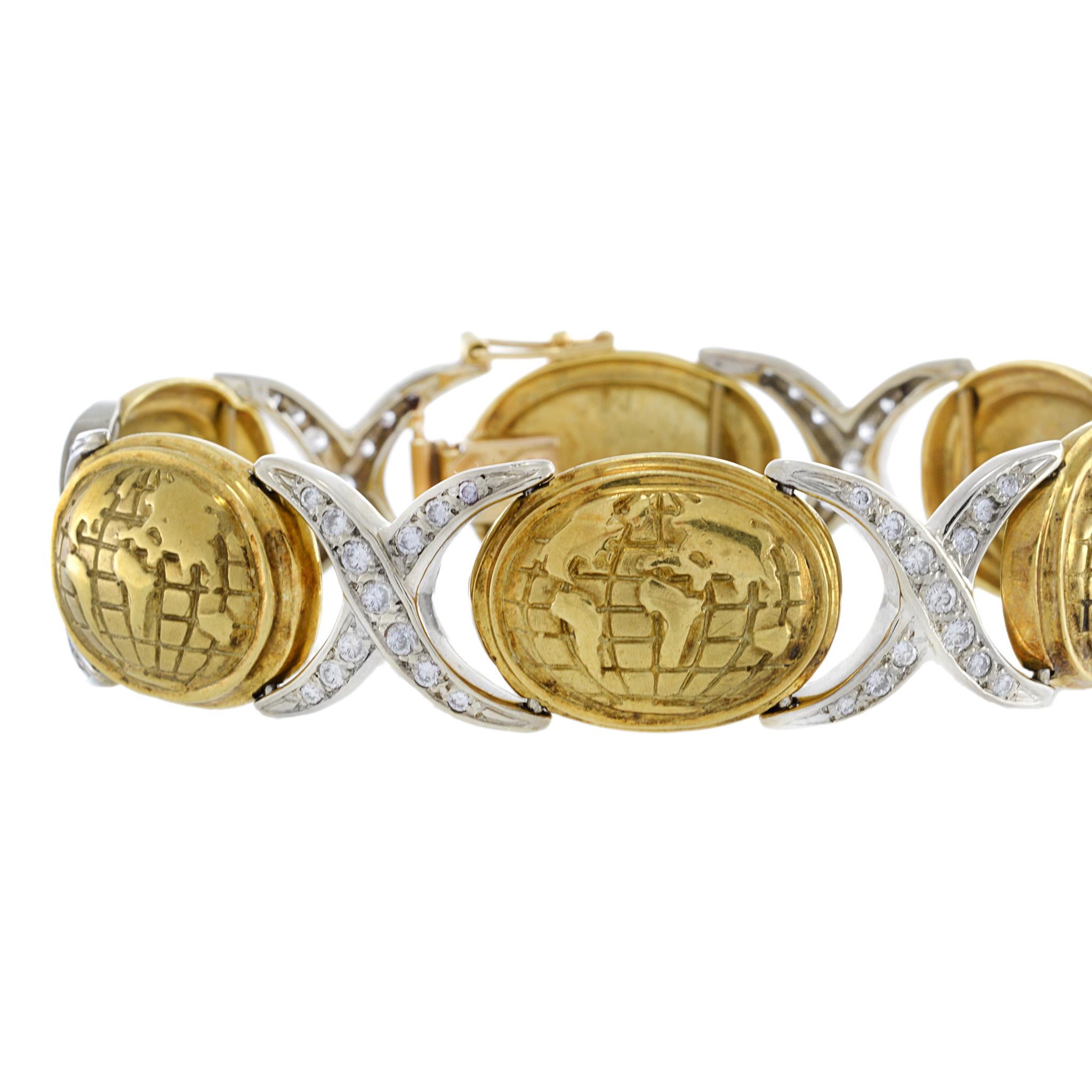 Women's Vintage Retro Era 18KT Yellow Gold Globe And Diamond Bracelet For Sale