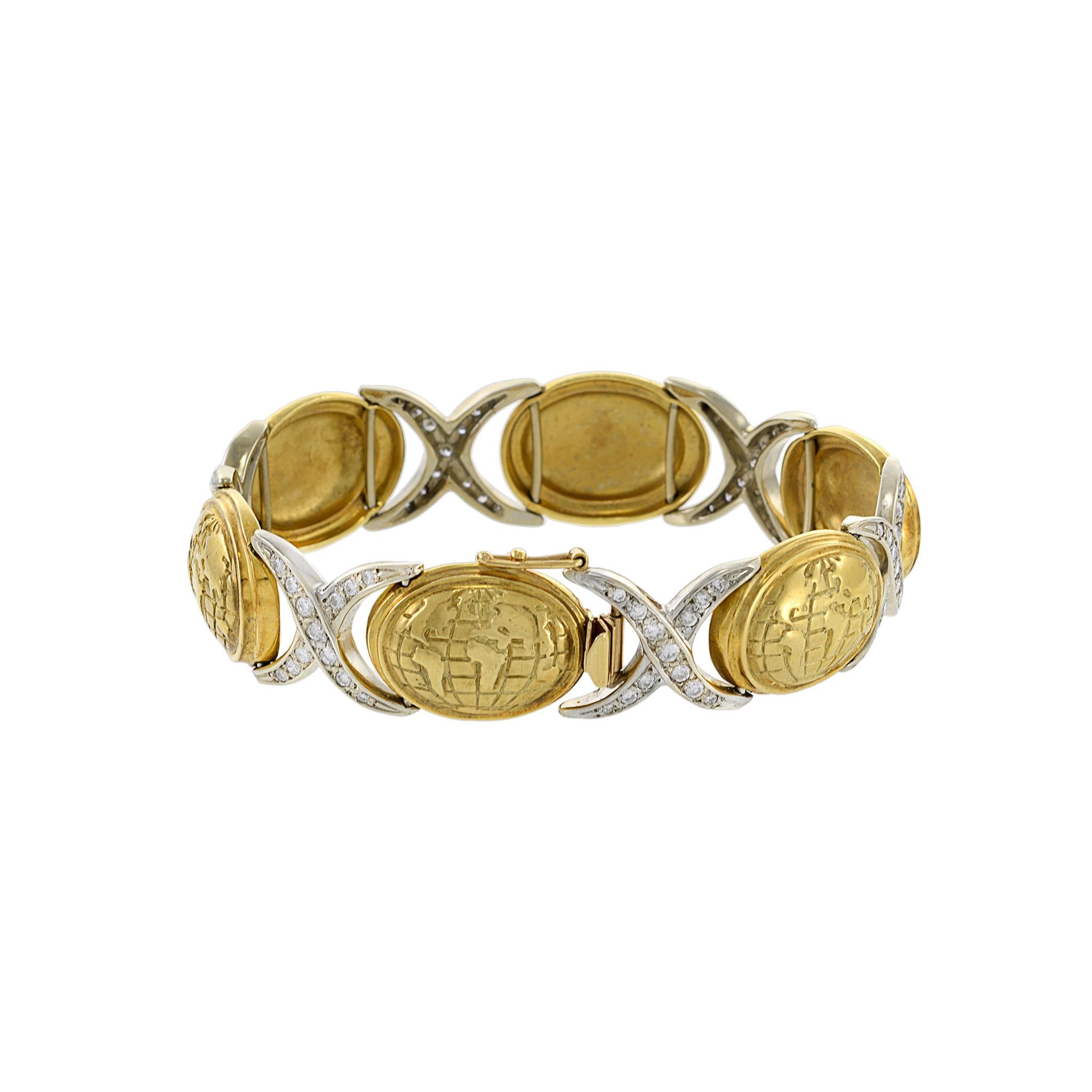 Vintage Retro Era 18KT Yellow Gold Globe And Diamond Bracelet For Sale 1