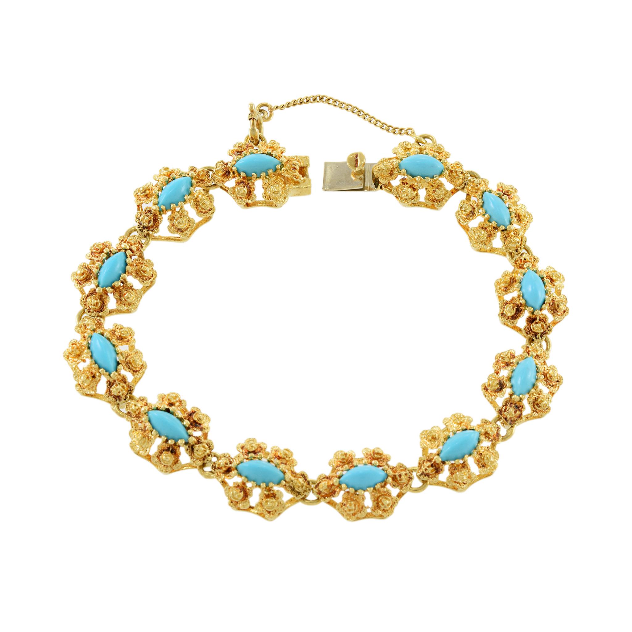 Expertly crafted with luxurious 18KT yellow gold, this vintage retro era Italian bracelet features a stunning marquise cut turquoise stone set in a delicate floral design. With its intricate detail and high-quality materials, this bracelet is sure