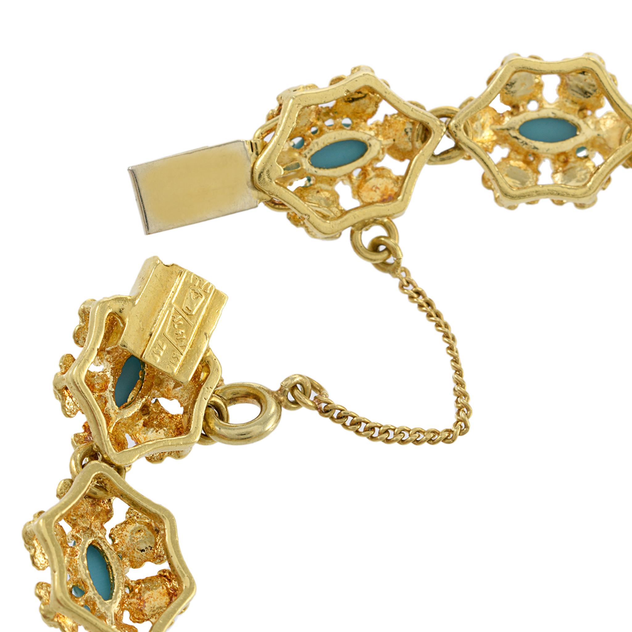 Vintage Retro Era 18KT Yellow Gold Italian Floral Marquise Cut Turquoise Bracele In Excellent Condition For Sale In New York, NY