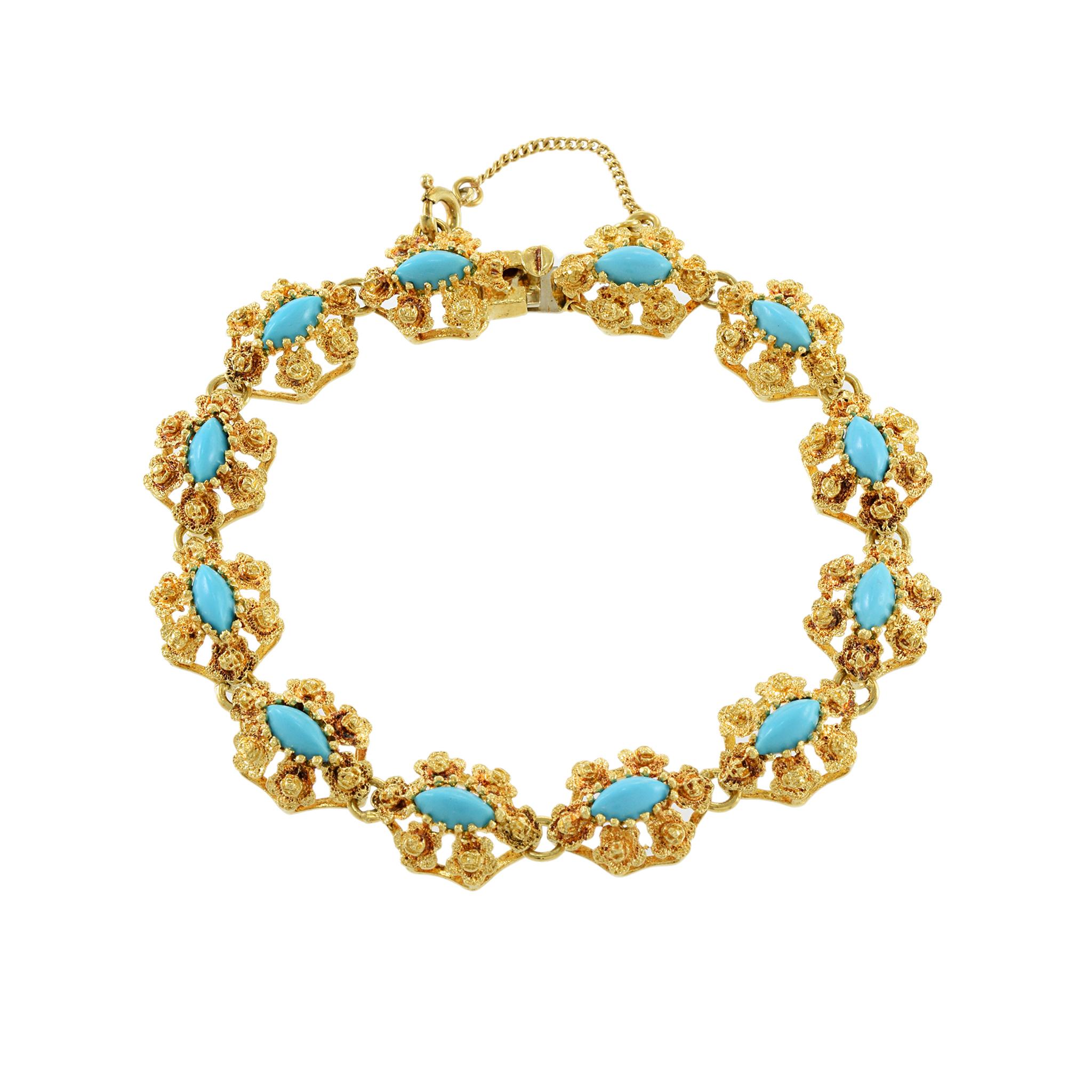 Women's Vintage Retro Era 18KT Yellow Gold Italian Floral Marquise Cut Turquoise Bracele For Sale