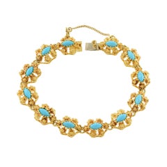 Brazalete de Turquesa Floral de Corte Marquesa en Oro Amarillo de 18 quilates de la Época Retro Vintage