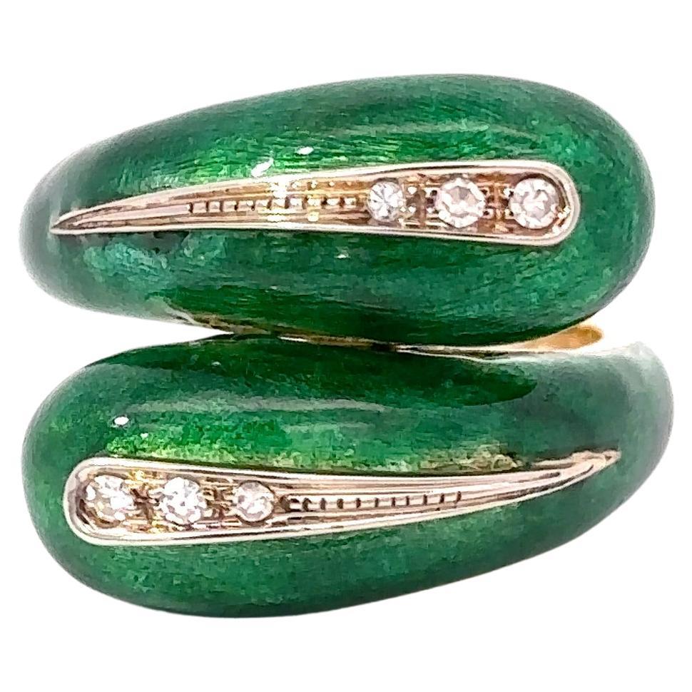 Vintage Retro Ära 18KT Gelbgold Italienischer Wickelring aus grüner Emaille und Diamant