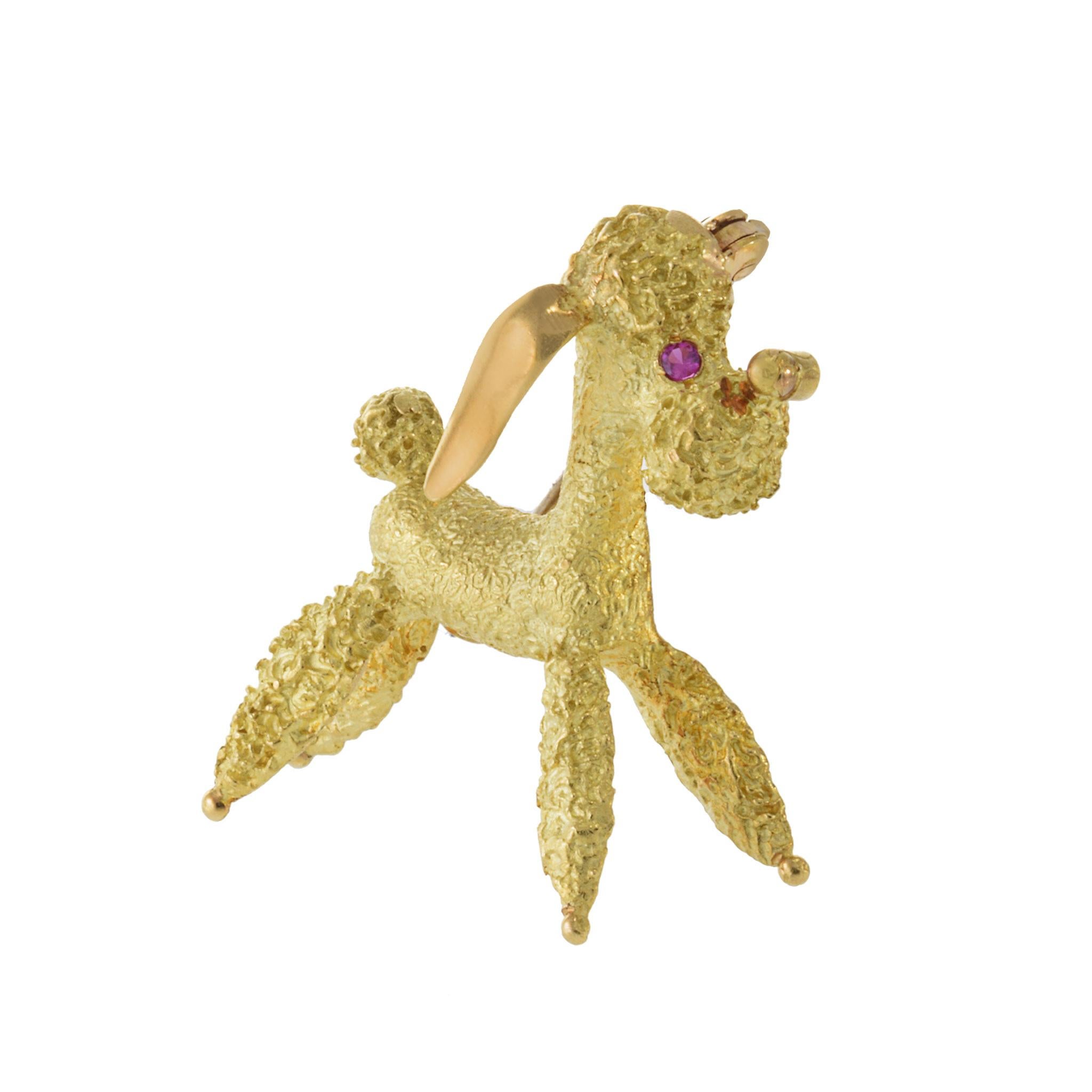 Broche Perro Caniche Vintage Era Retro Oro Amarillo 18KT Corte redondo en venta