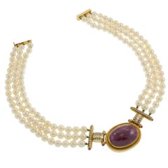 Vintage Retro Era 18KT Yellow Gold Ruby, Diamond and Akoya Pearl Necklace