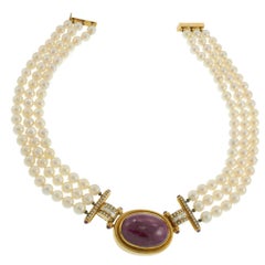 Vintage Retro Era 18KT Yellow Gold Ruby, Diamond and Akoya Pearl Necklace
