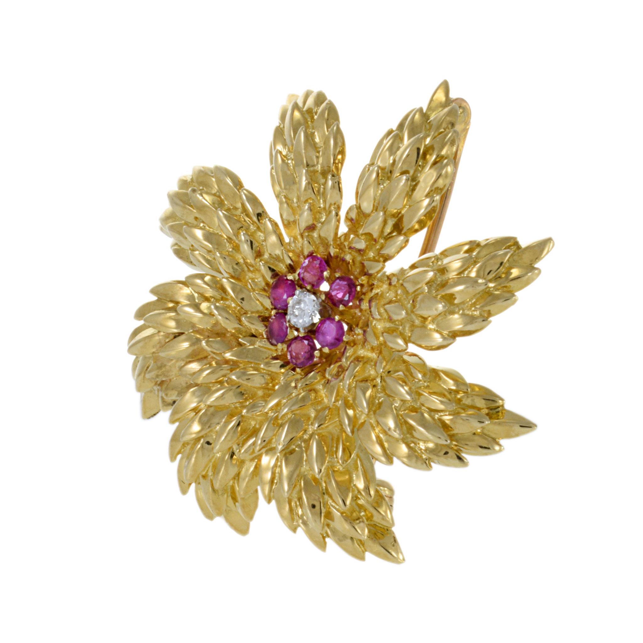 Round Cut Tiffany & Co. Vintage Retro Era 18KT Yellow Gold Ruby Flower Brooch For Sale